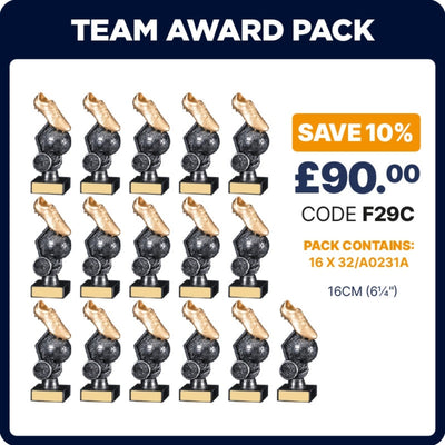 Football Gold Boot Trophy Team Awards in Black and Gold - Pack of 16