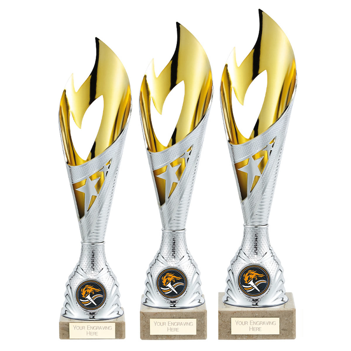 Laser Cut Inferno Flame Star Trophy Cup In Silver and Gold