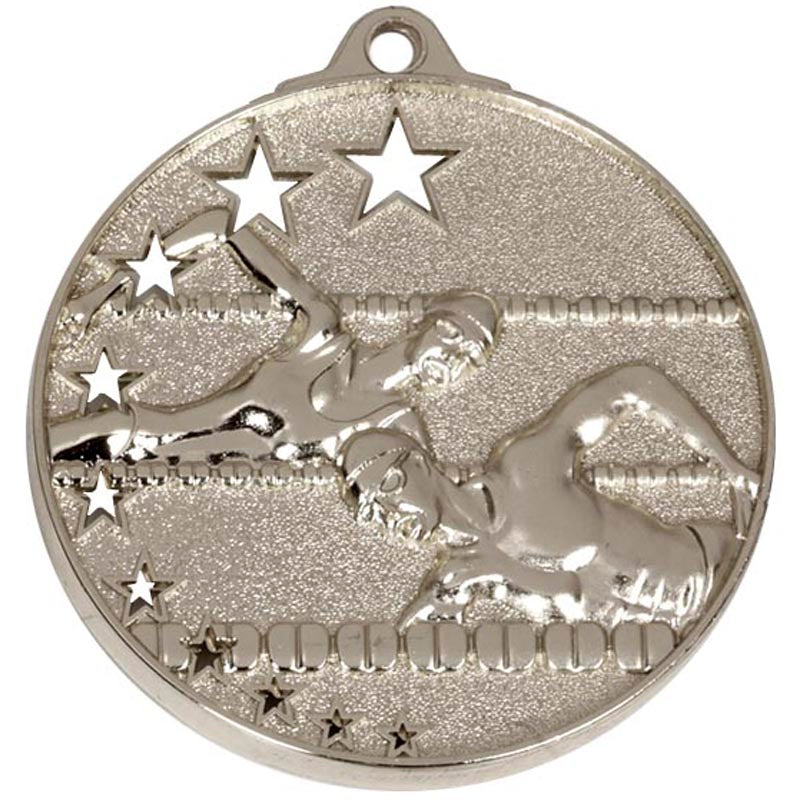 Silver Swimming Cut Star Medal 5cm