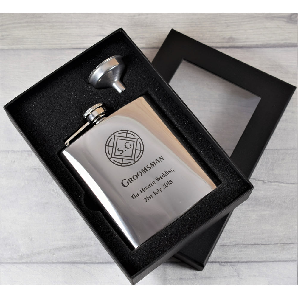 Personalised Silver Wedding Hip Flask Gift Set - Crest