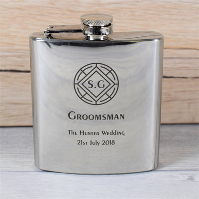 Personalised Silver Wedding Hip Flask Gift Set - Crest