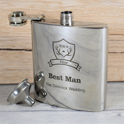 Personalised Silver Wedding Hip Flask Gift Set - Stag
