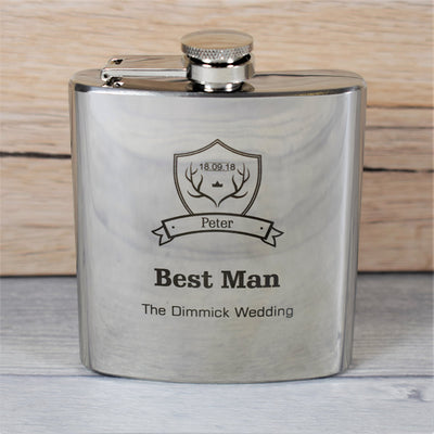 Personalised Silver Wedding Hip Flask Gift Set - Stag