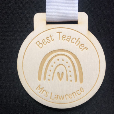 Personalised Rainbow Best Teacher Wooden Medal