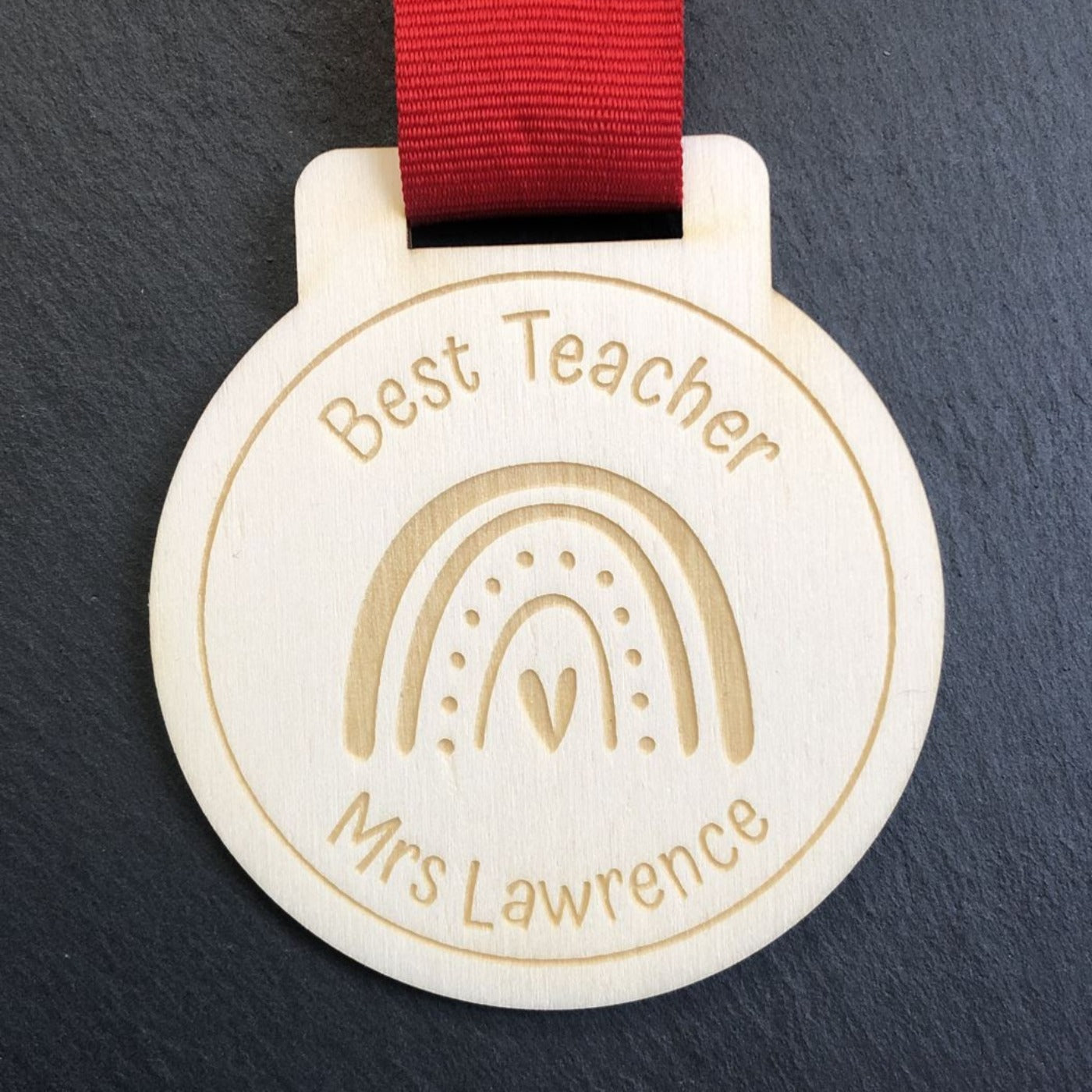 Personalised Rainbow Best Teacher Wooden Medal