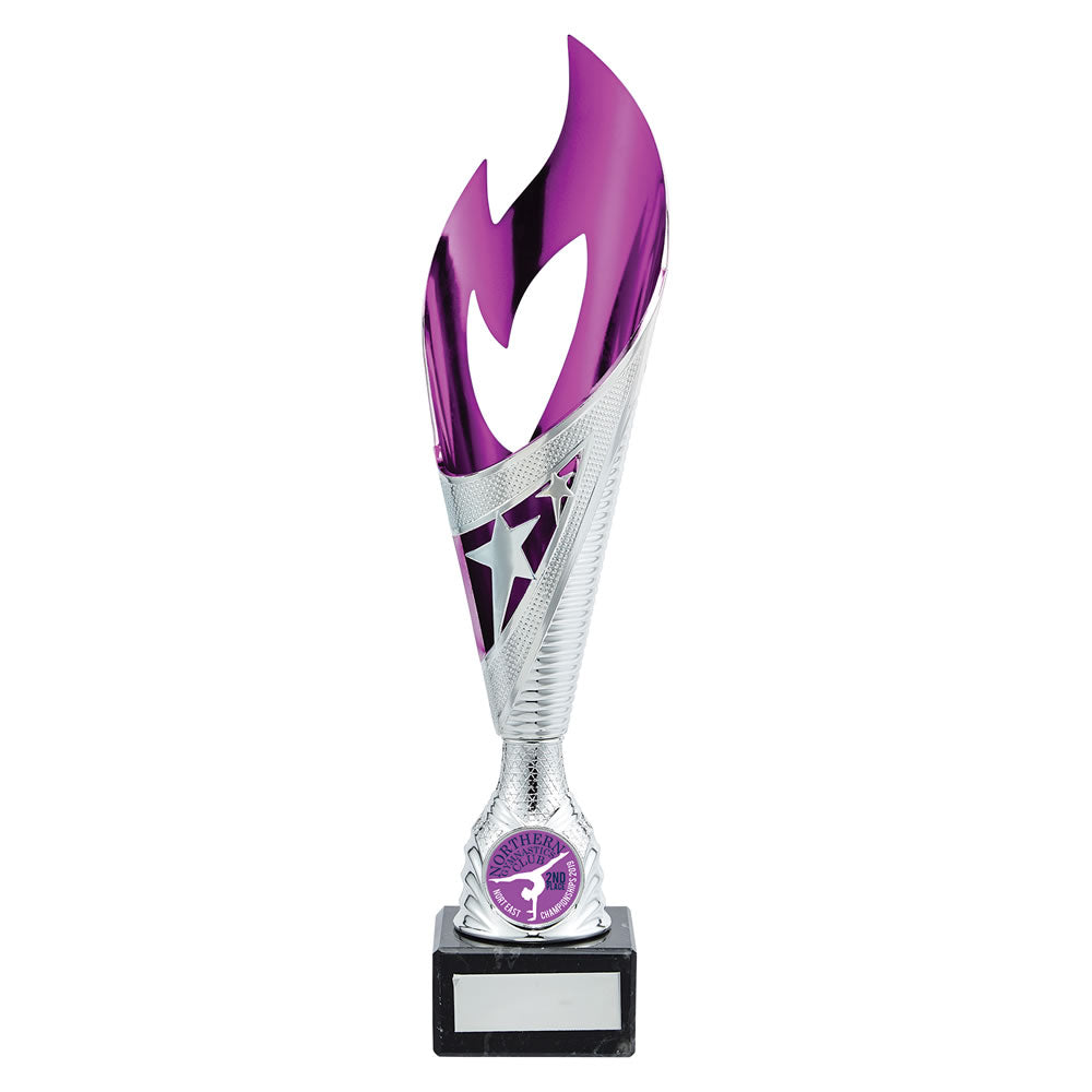 Laser Cut Flame Trophy Cup In Silver and Purple