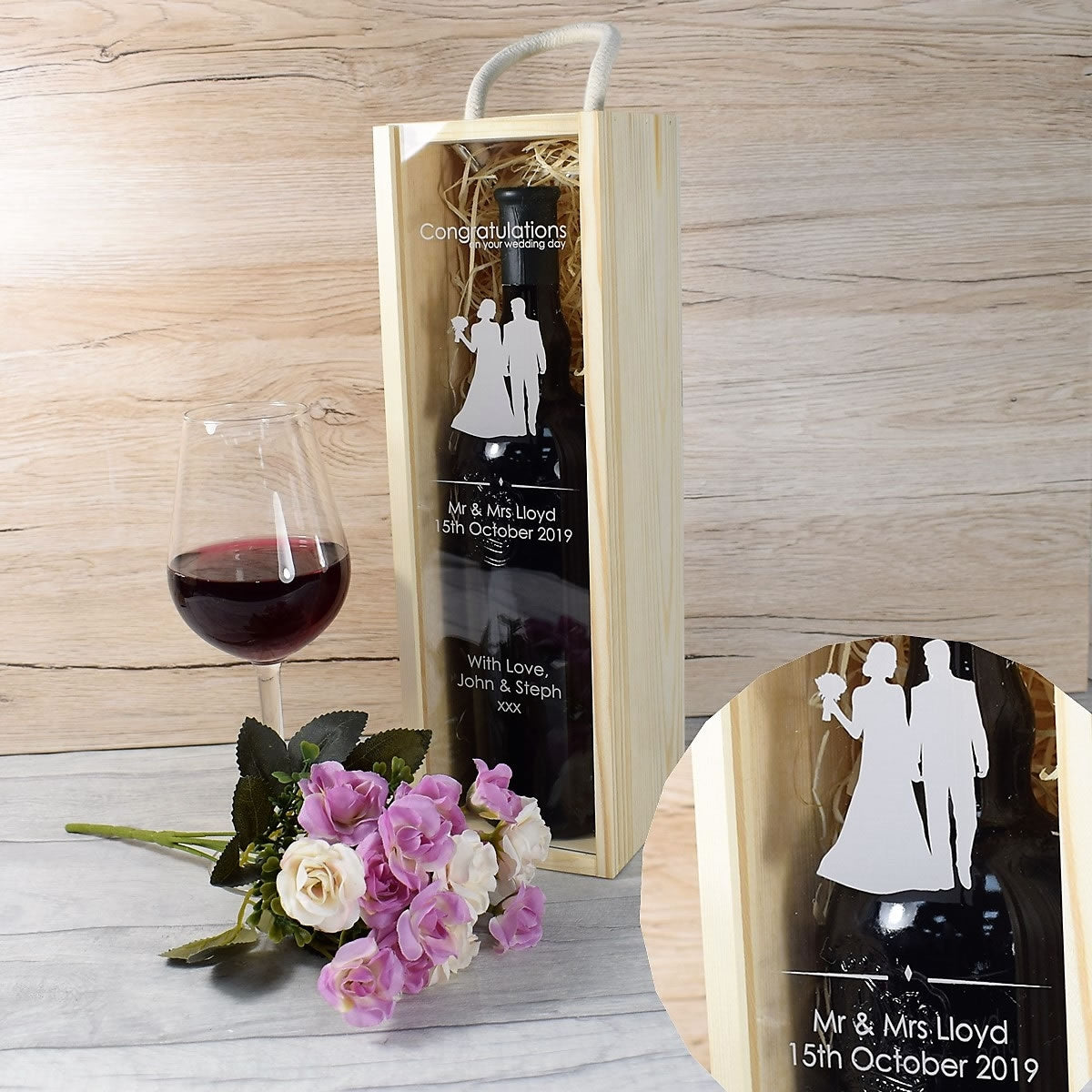 Personalised Wooden Wine Box with Clear Lid - Bride & Groom Silhoutte Wedding Gift