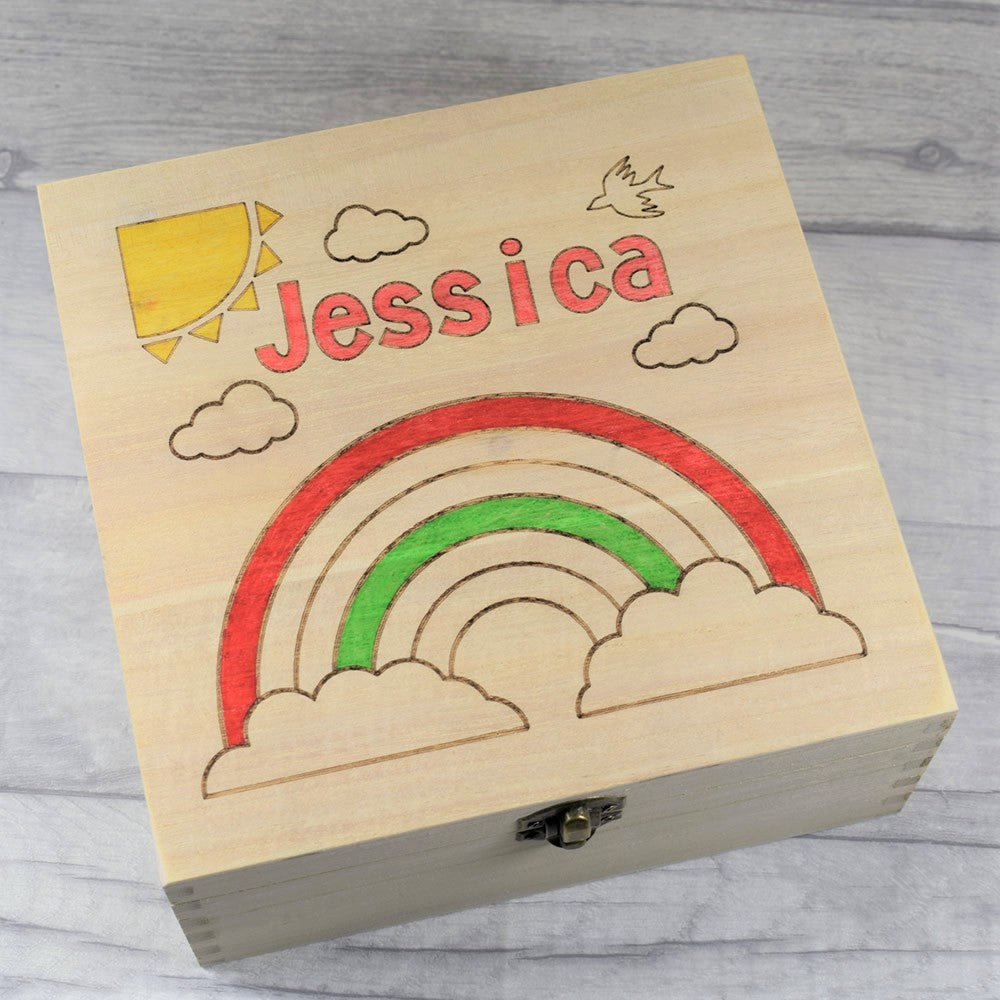 Personalised Engraved Wooden Children's Colouring In Box Keepsake Box -Rainbow