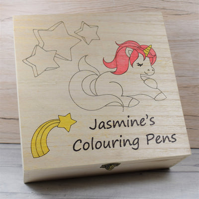 Personalised Engraved Wooden Children's Colouring In Box Keepsake Box - Unicorn