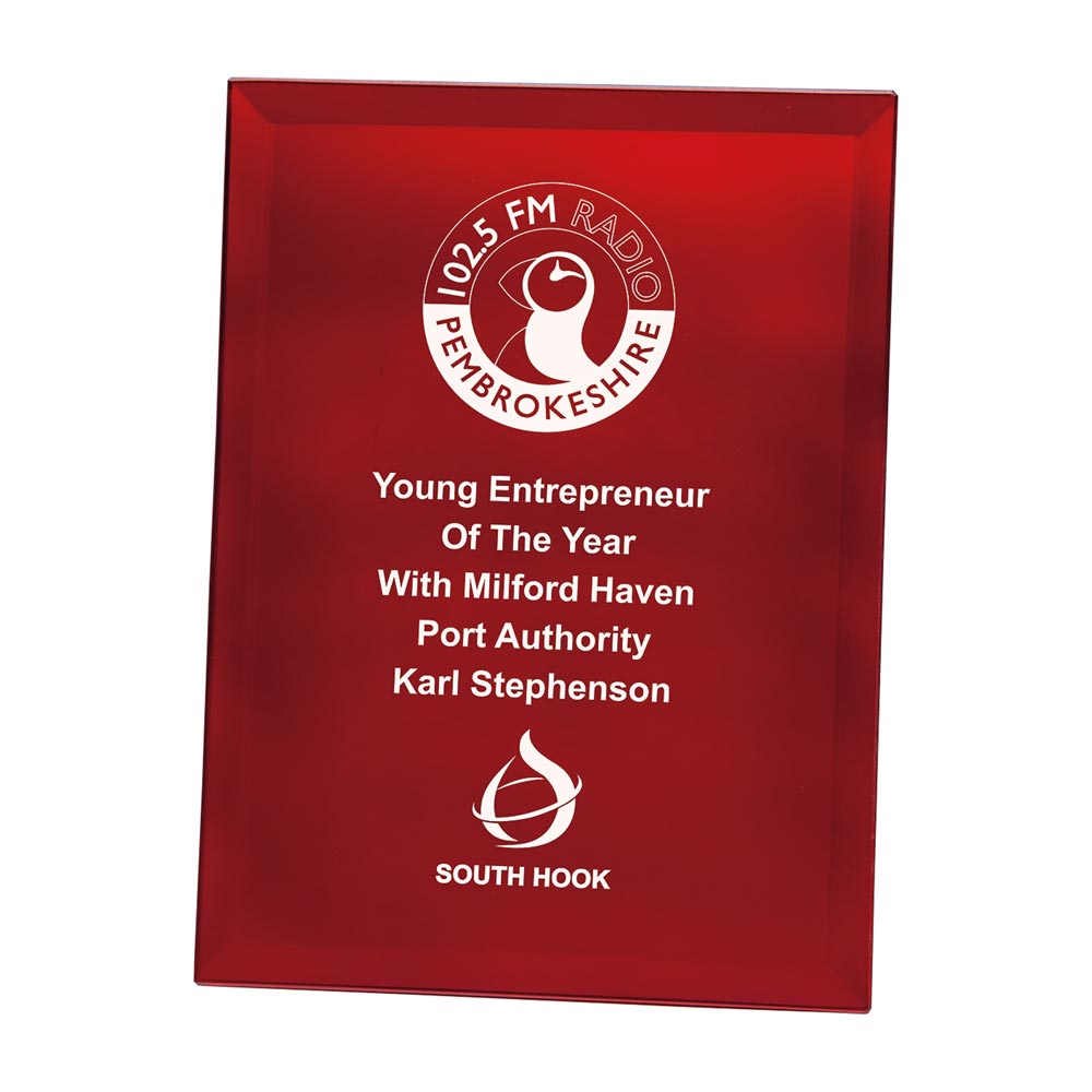 Ruby Red Mirrored Glass Plaque Award