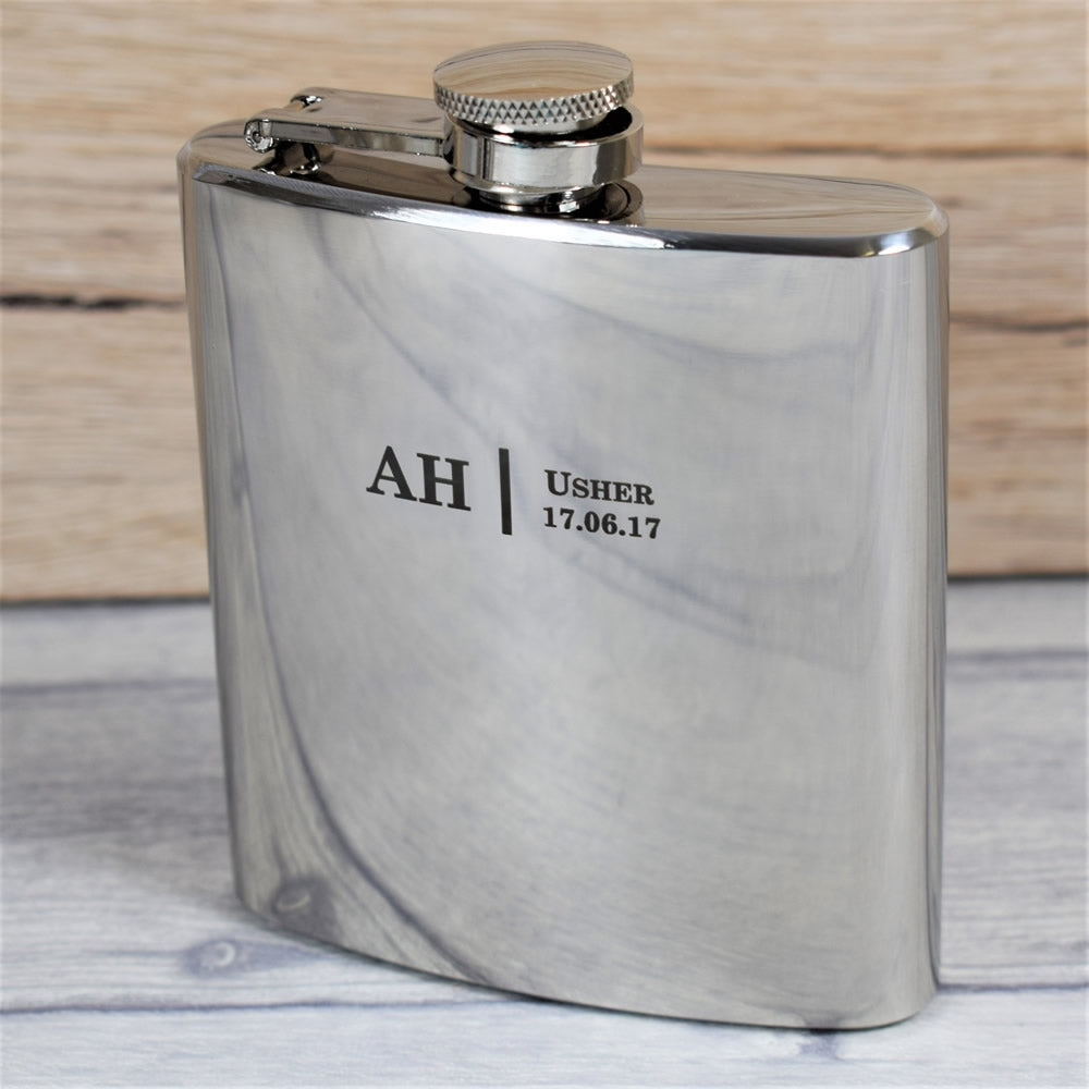 Personalised Silver Wedding Initials Hip Flask Gift Set