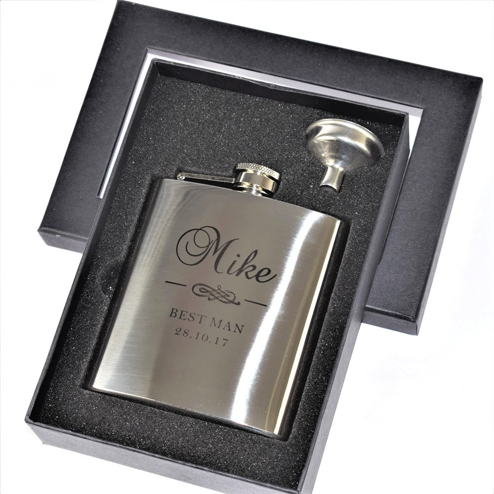 Personalised 6oz Wedding Hip Flask Gift Set - Design 6