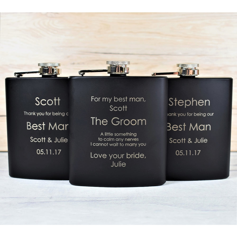 Personalised Black 6oz Wedding Hip Flask Gift Set - Design 2