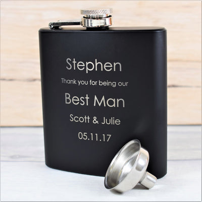 Personalised Black 6oz Wedding Hip Flask Gift Set - Design 2