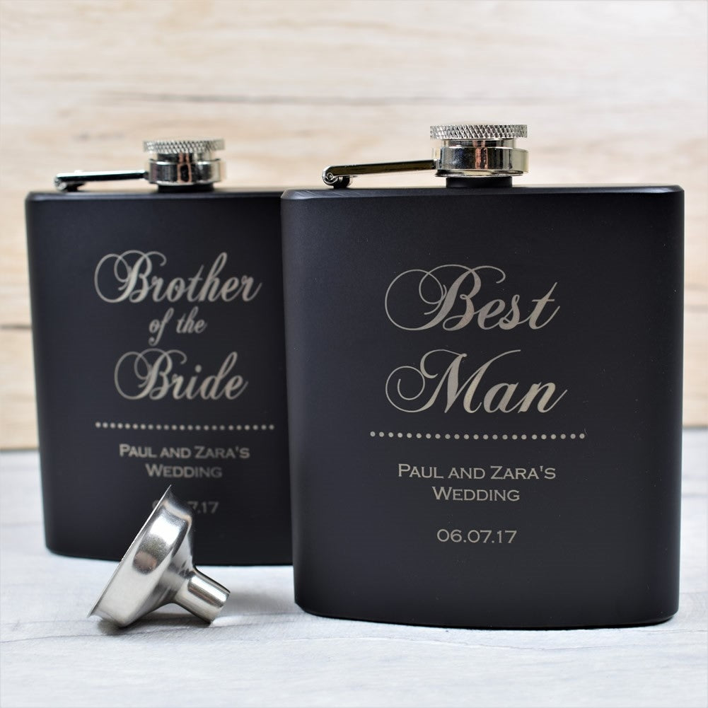 Personalised Black 6oz Wedding Hip Flask Gift Set - Design 4