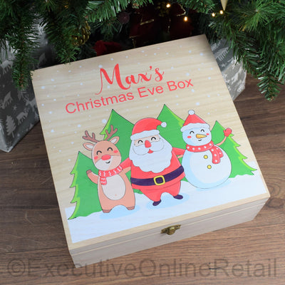 Personalised Printed Wooden Christmas Eve Box - Santa, Snowman and Rudolph
