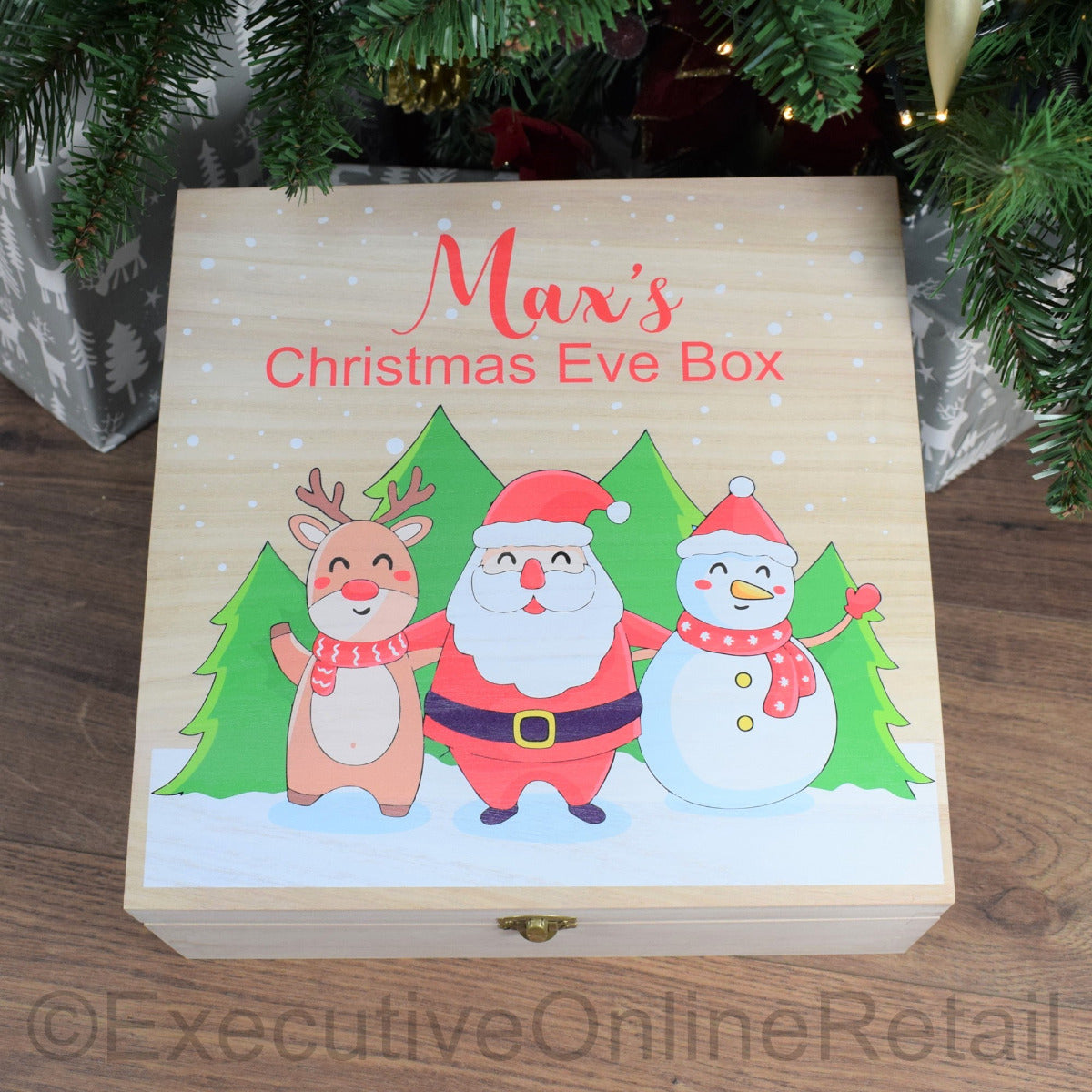 Personalised Printed Wooden Christmas Eve Box - Santa, Snowman and Rudolph