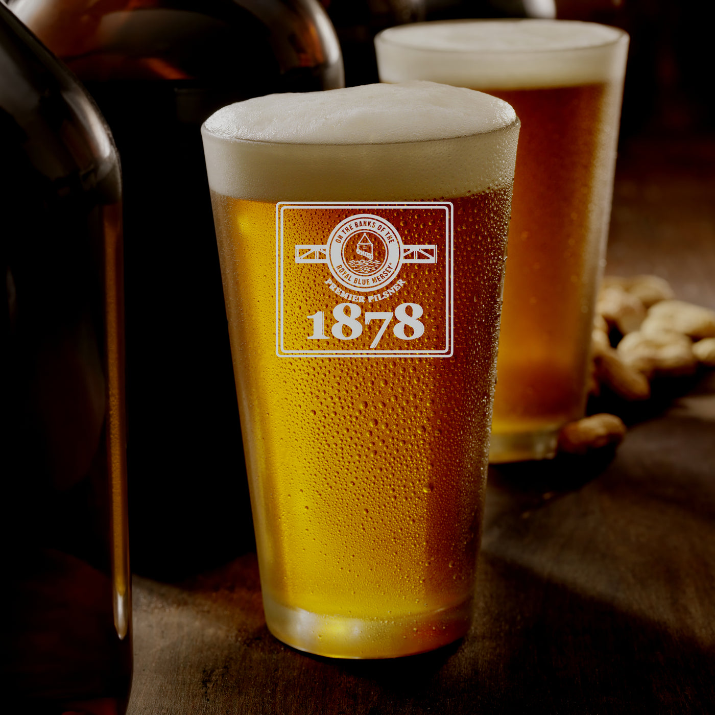 Engraved 'On the Bank of the Royal Blue Mersey' Straight Beer Pint Glass - Premier Pilsner 1878
