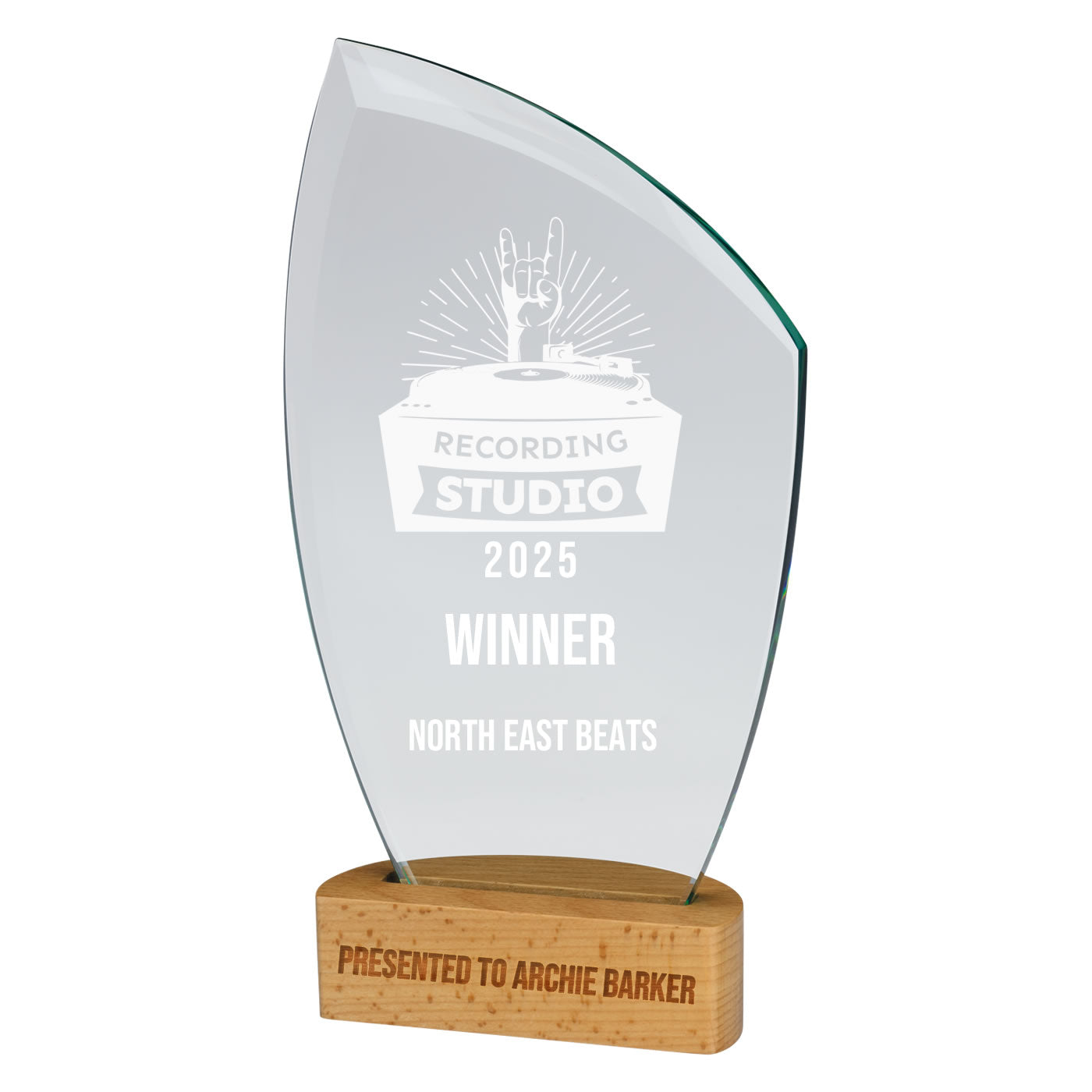 Pulse Jade Crystal Glass & Beechwood Award Corporate Trophy - Laser Engraved