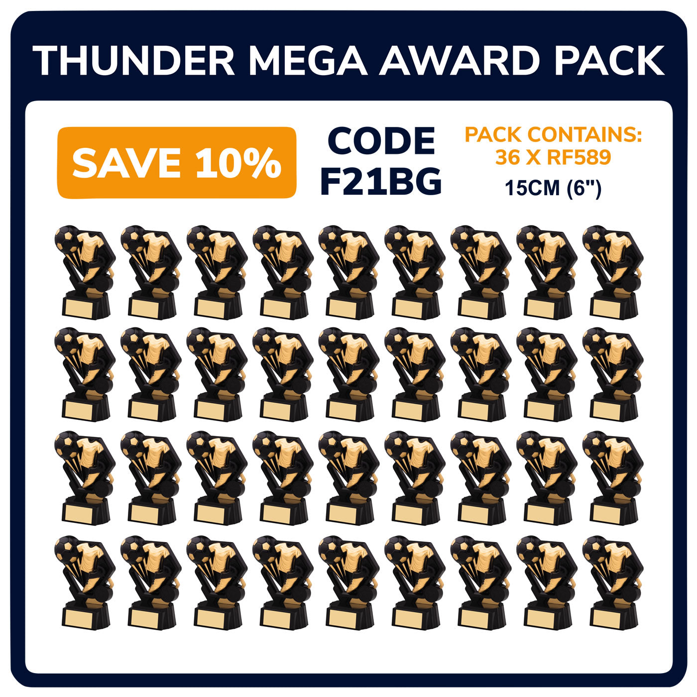 Thunder Football Trophy Team Awards Pack in Black and Gold - Pack of 36
