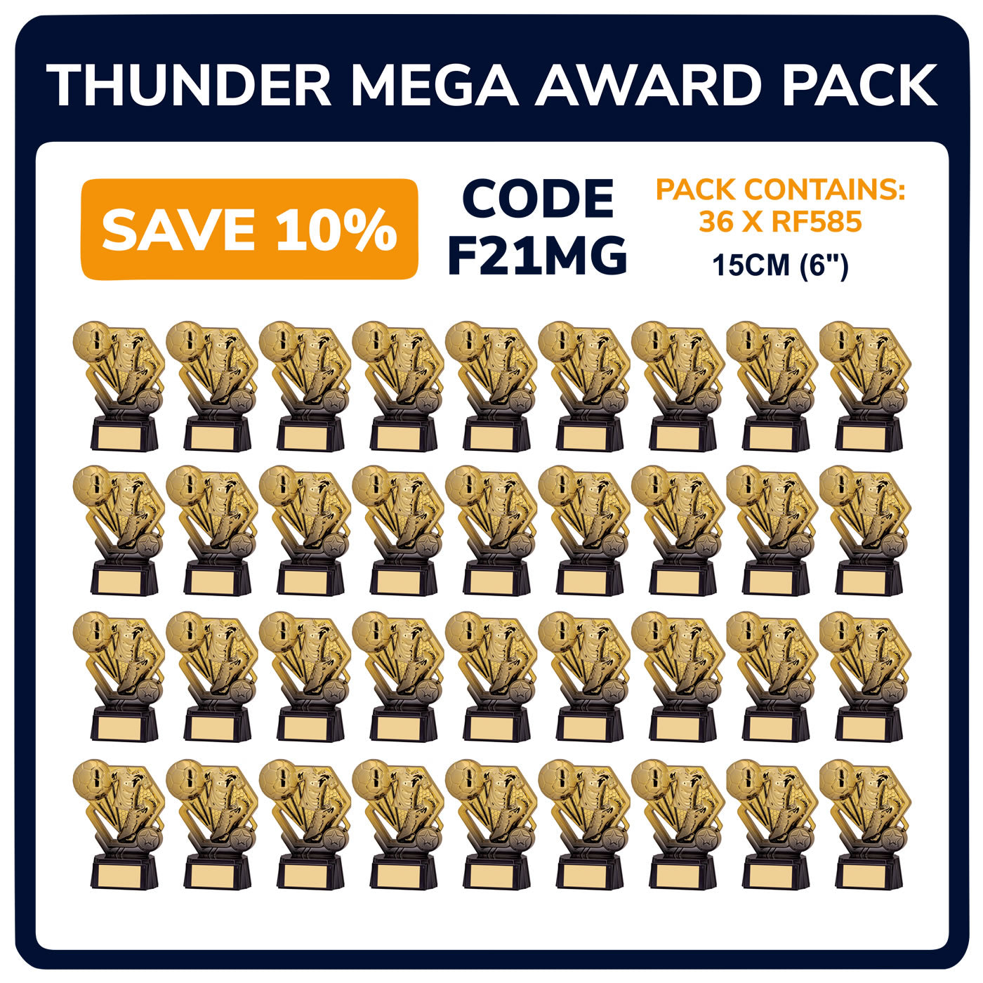 Thunder Football Trophy Team Awards Pack in Metallic Gold - Pack of 36