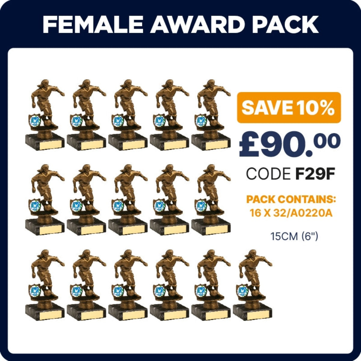 Womens Football Gold Trophies Awards - Pack of 16