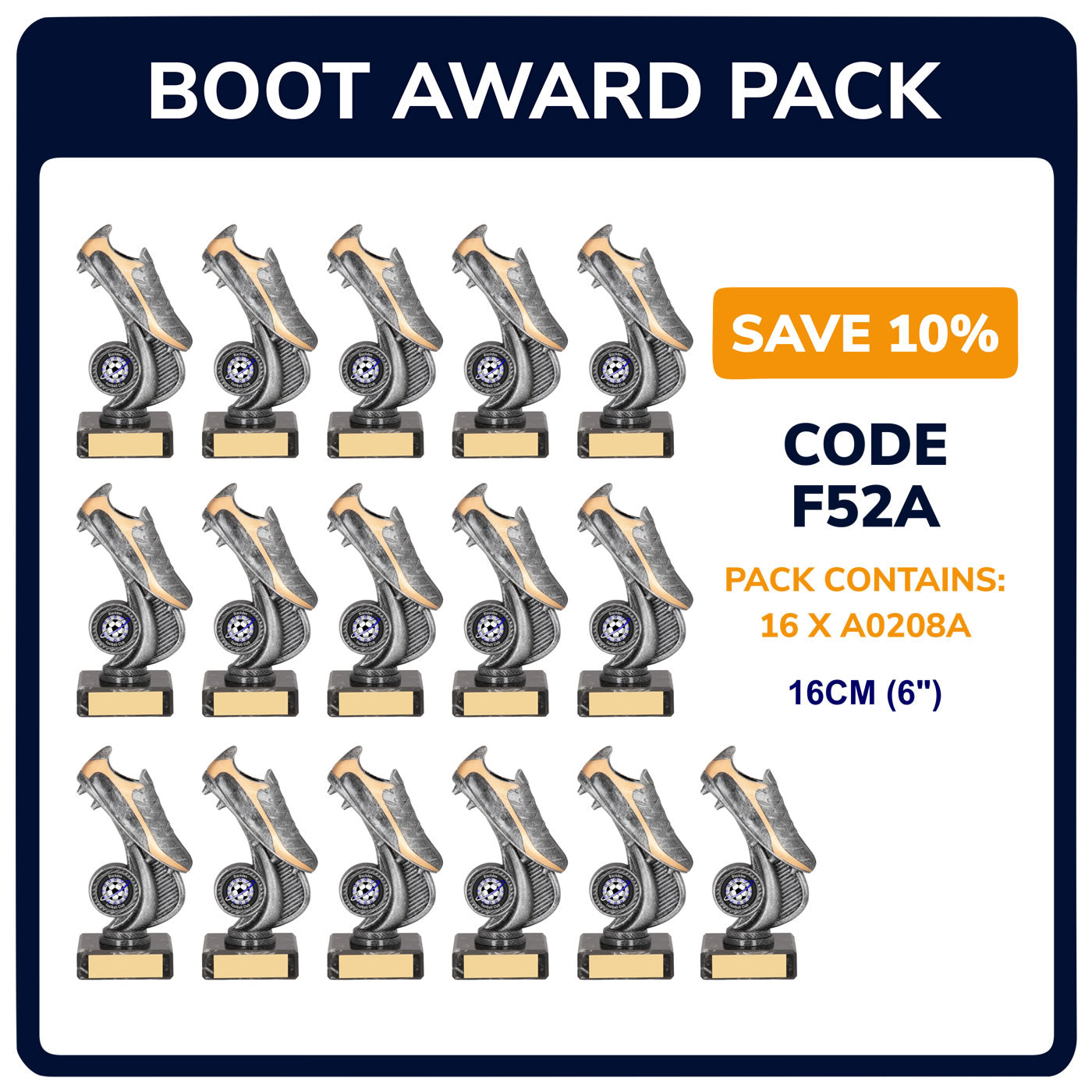 Football Boot Trophy Award Pack in Antique Silver - Pack of 16