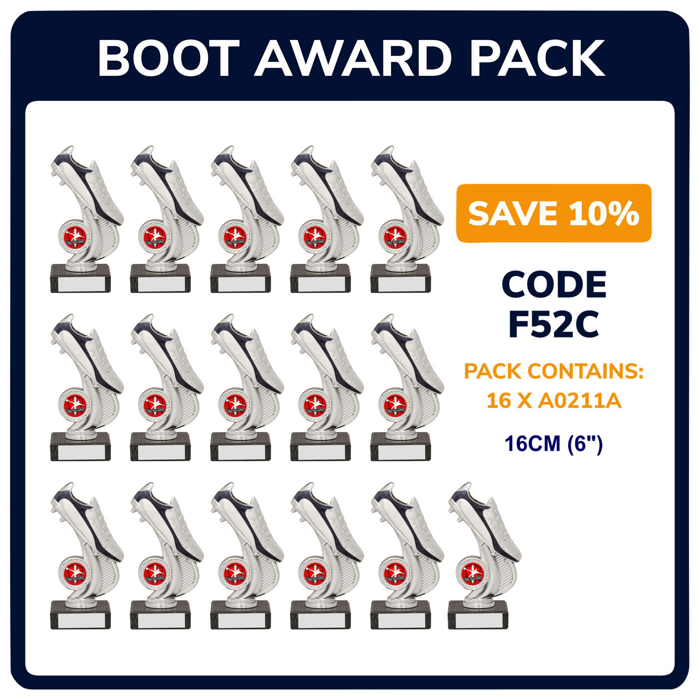 Football Boot Trophy Team Awards Pack in Metallic Silver - Pack of 16