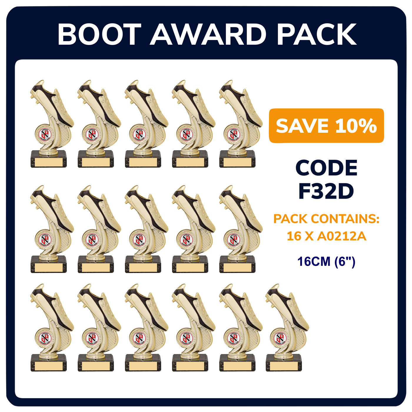 Football Boot Trophy Team Awards Pack in Metallic Gold - Pack of 16