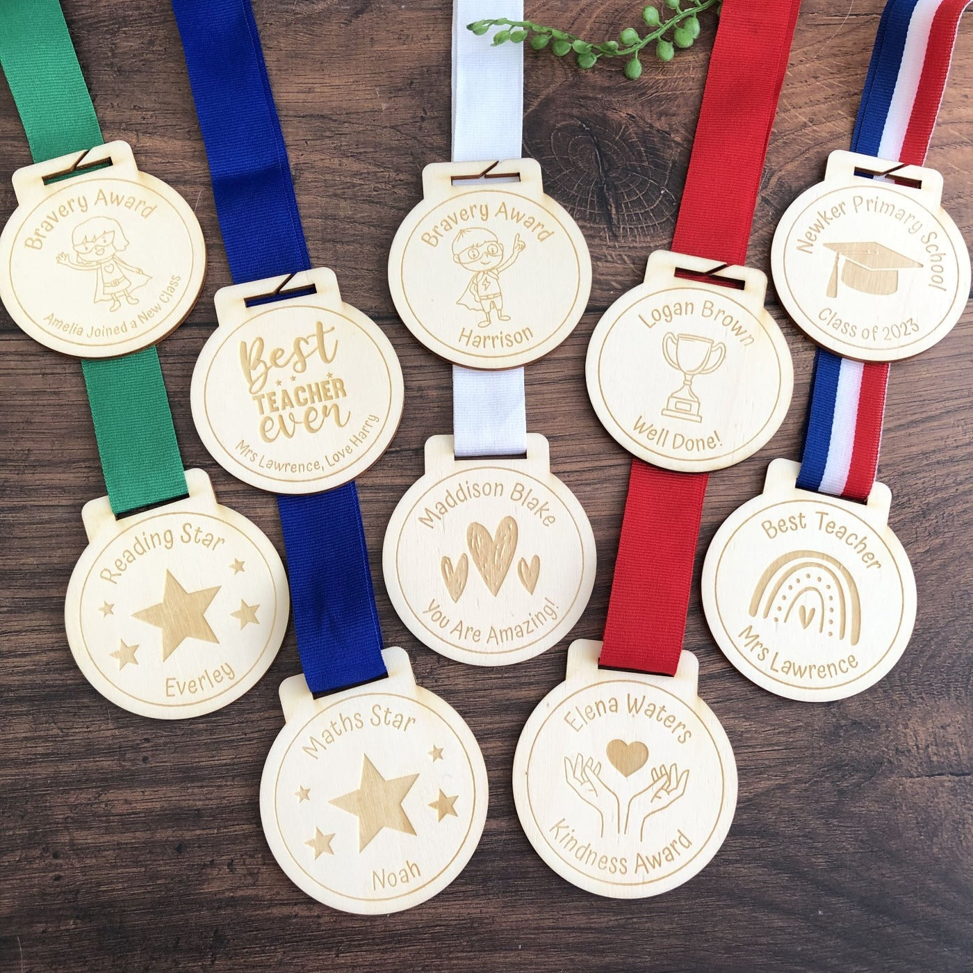 Personalised Rainbow Best Teacher Wooden Medal