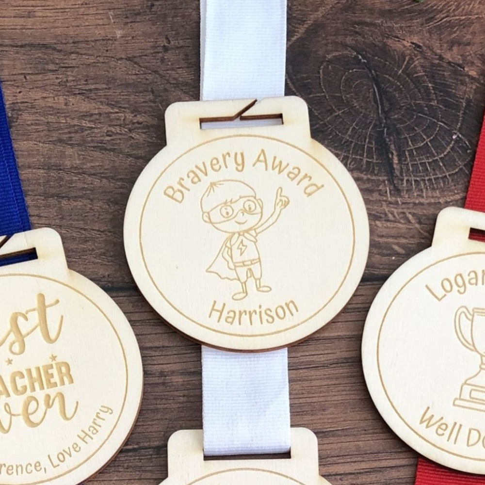 Personalised Bravery Super Boy Wooden Medal