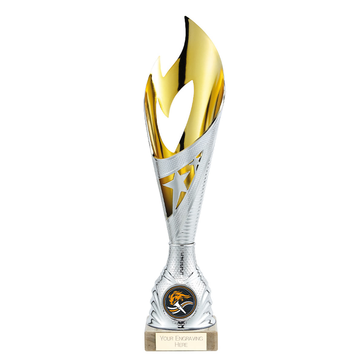 Laser Cut Inferno Flame Star Trophy Cup In Silver and Gold