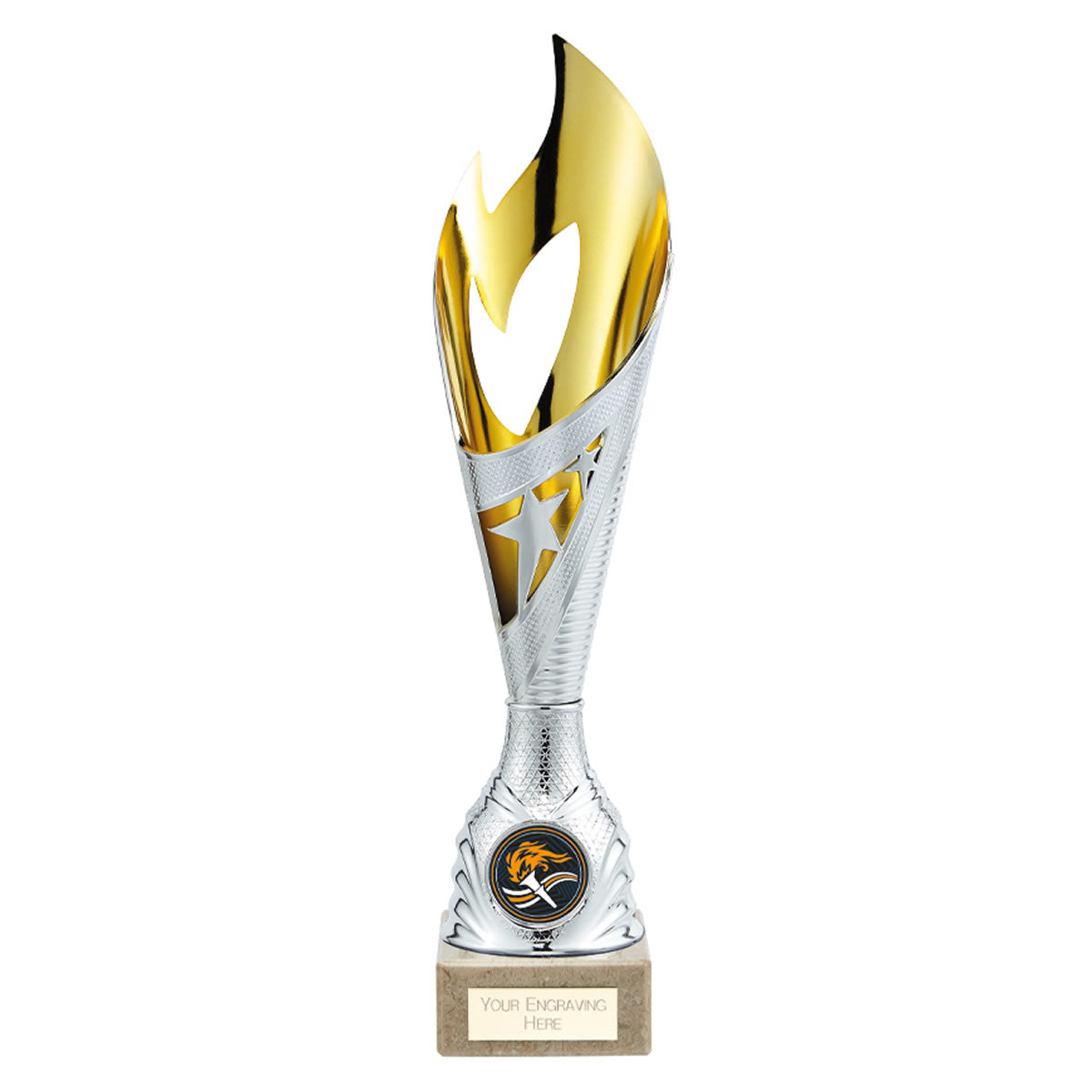 Laser Cut Inferno Flame Star Trophy Cup In Silver and Gold