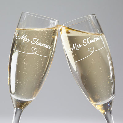 Set of 2 Personalised Champagne Flutes - Bride & Groom