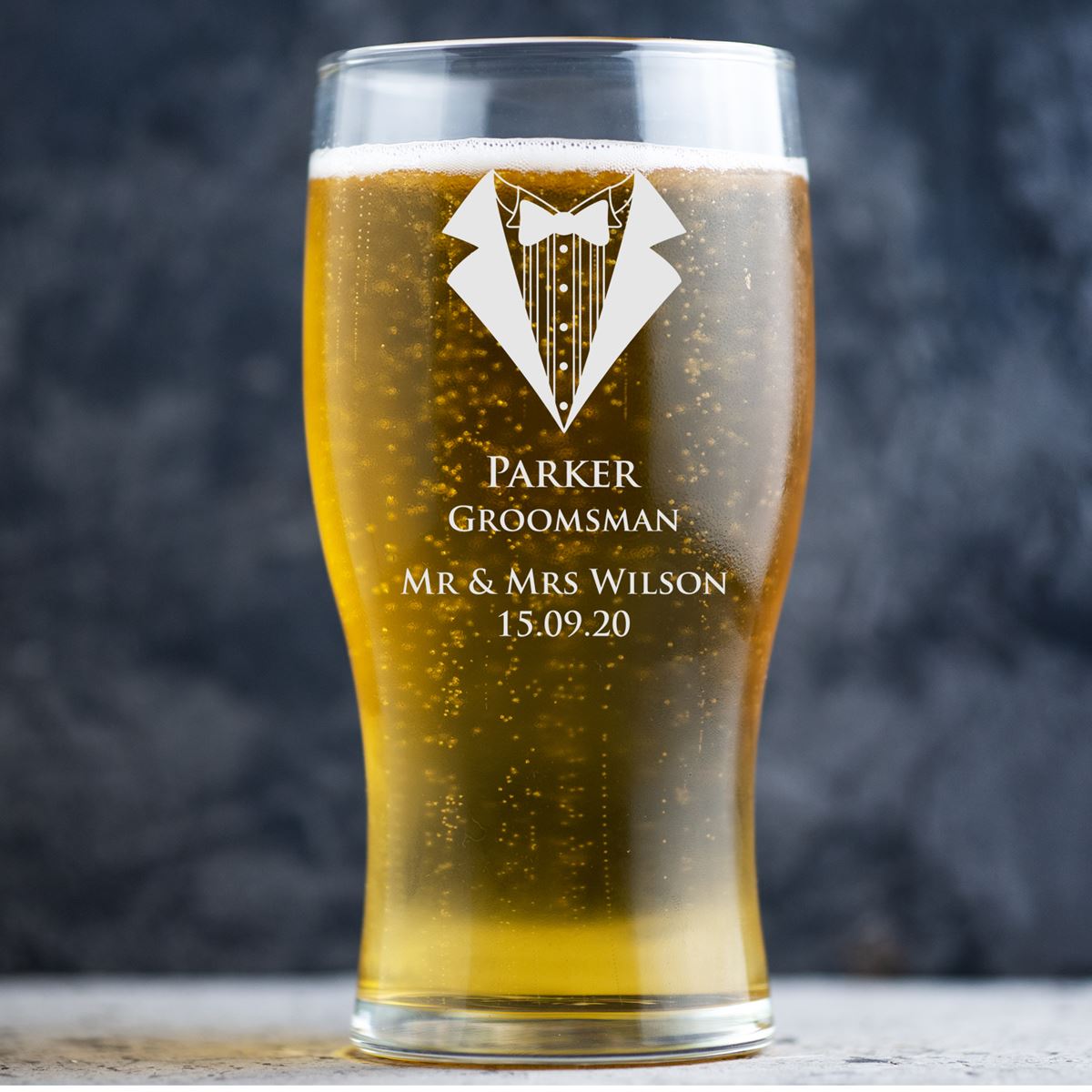 Personalised Beer Glass Pint Glass - Wedding Tux