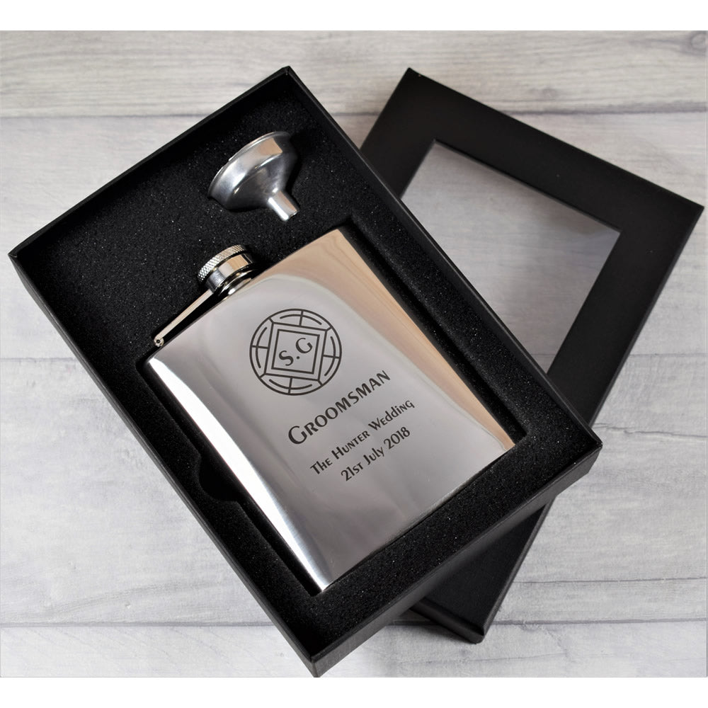 personalised silver wedding hip flask gift set crest