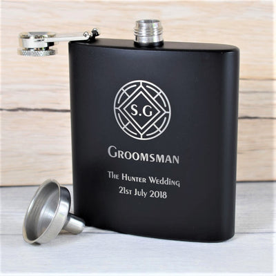 personalised black wedding hip flask gift set crest