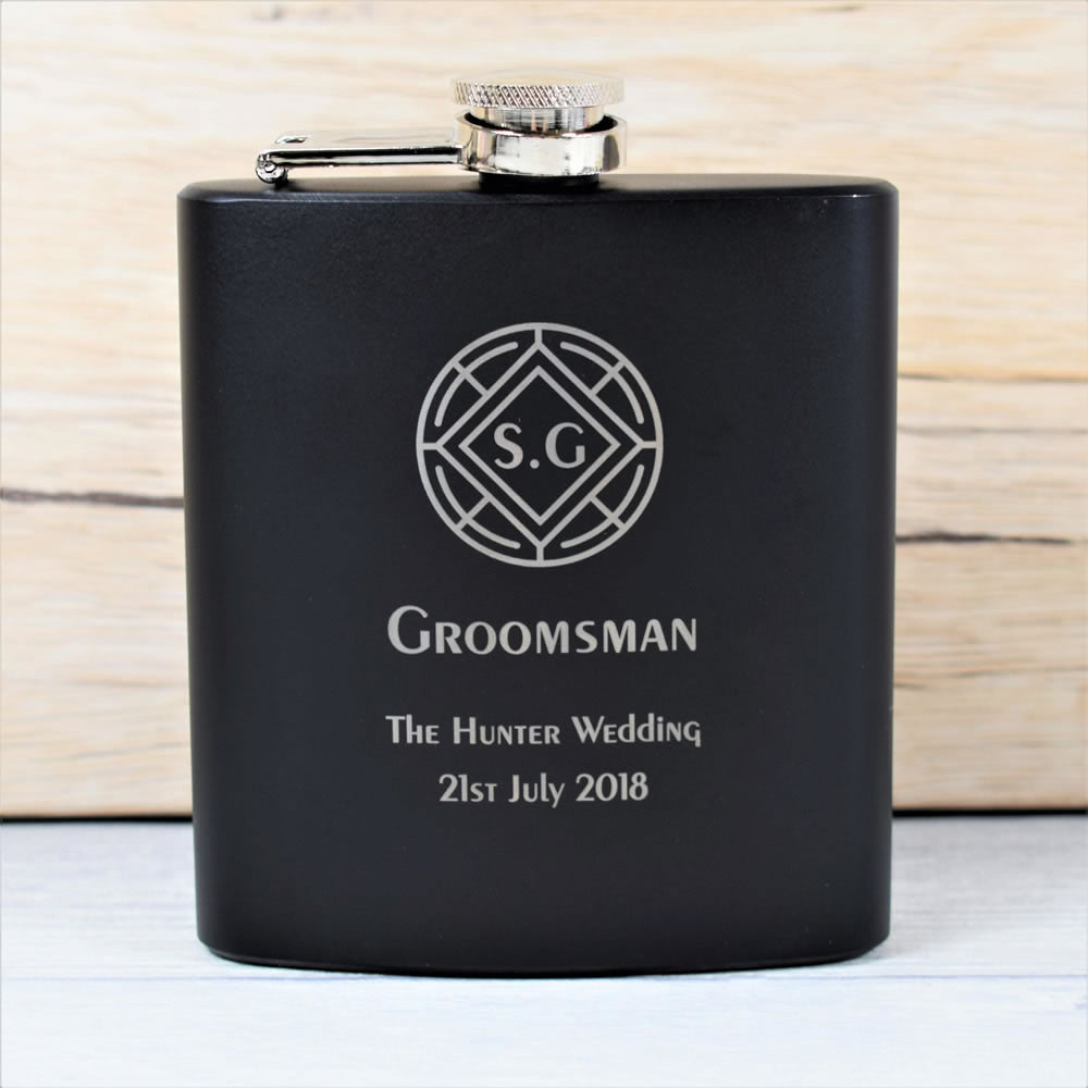 Personalised Black Wedding Hip Flask Gift Set - Crest