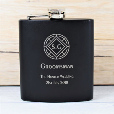 personalised black wedding hip flask gift set crest