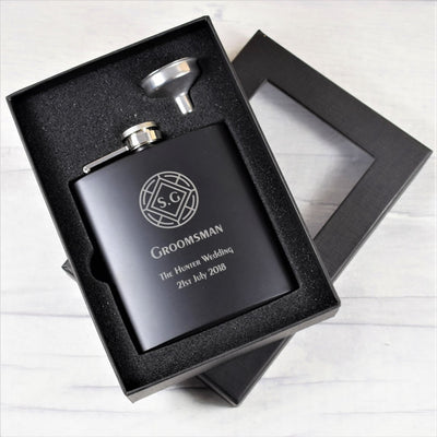 Personalised Black Wedding Hip Flask Gift Set - Crest