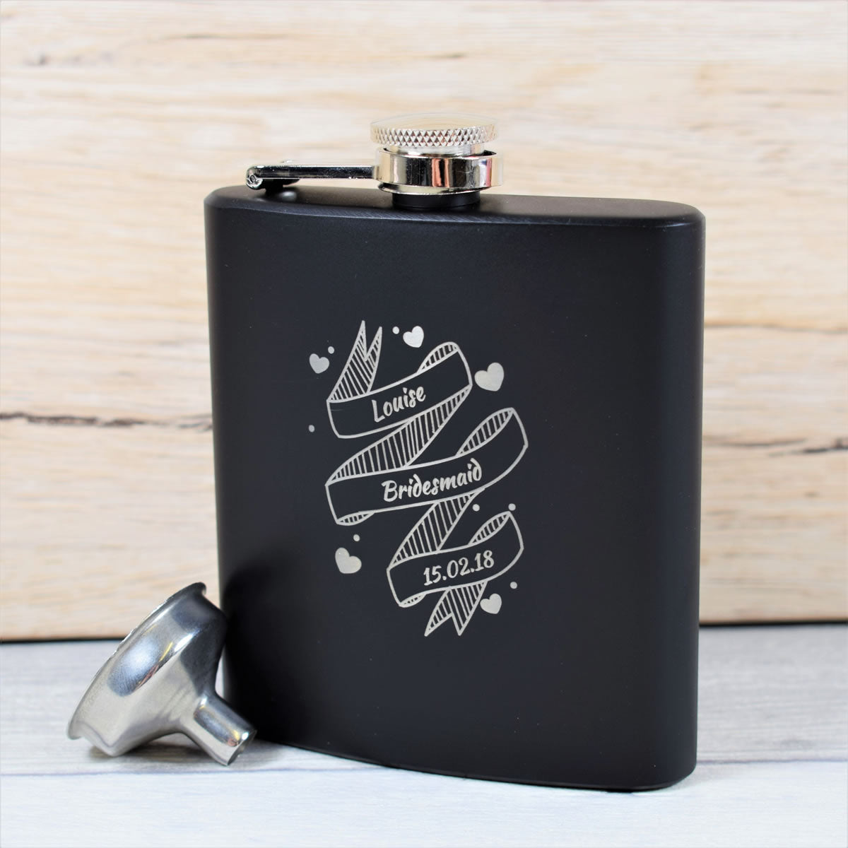 personalised black bridemaid wedding hip flask gift set