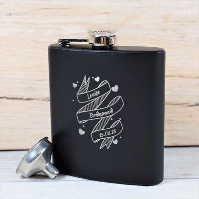 personalised black bridemaid wedding hip flask gift set