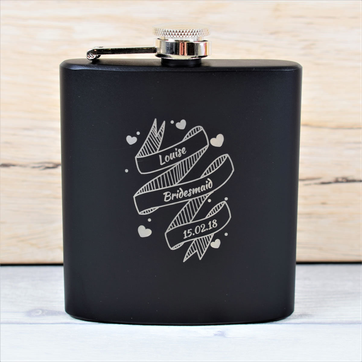 personalised black bridemaid wedding hip flask gift set