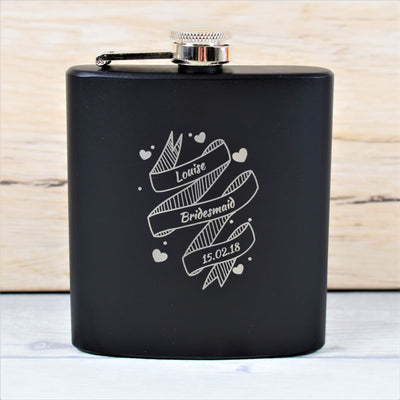personalised black bridemaid wedding hip flask gift set