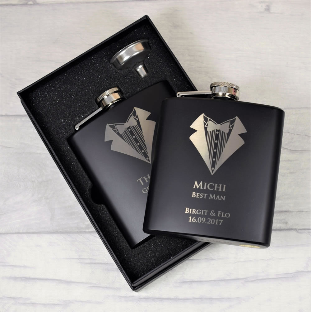 personalised black wedding hip flask gift set tuxedo