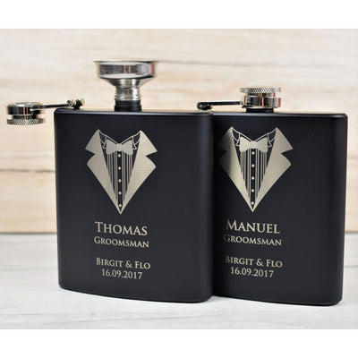personalised black wedding hip flask gift set tuxedo