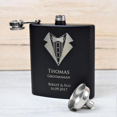 personalised black wedding hip flask gift set tuxedo