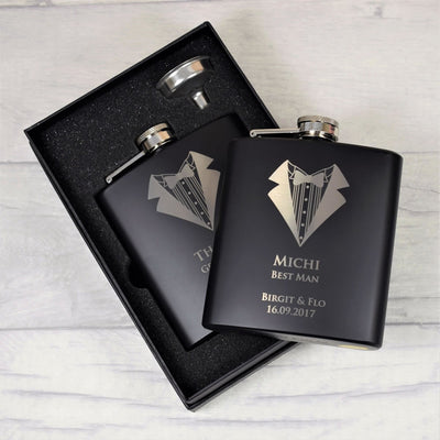 personalised black wedding hip flask gift set tuxedo