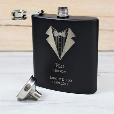 personalised black wedding hip flask gift set tuxedo