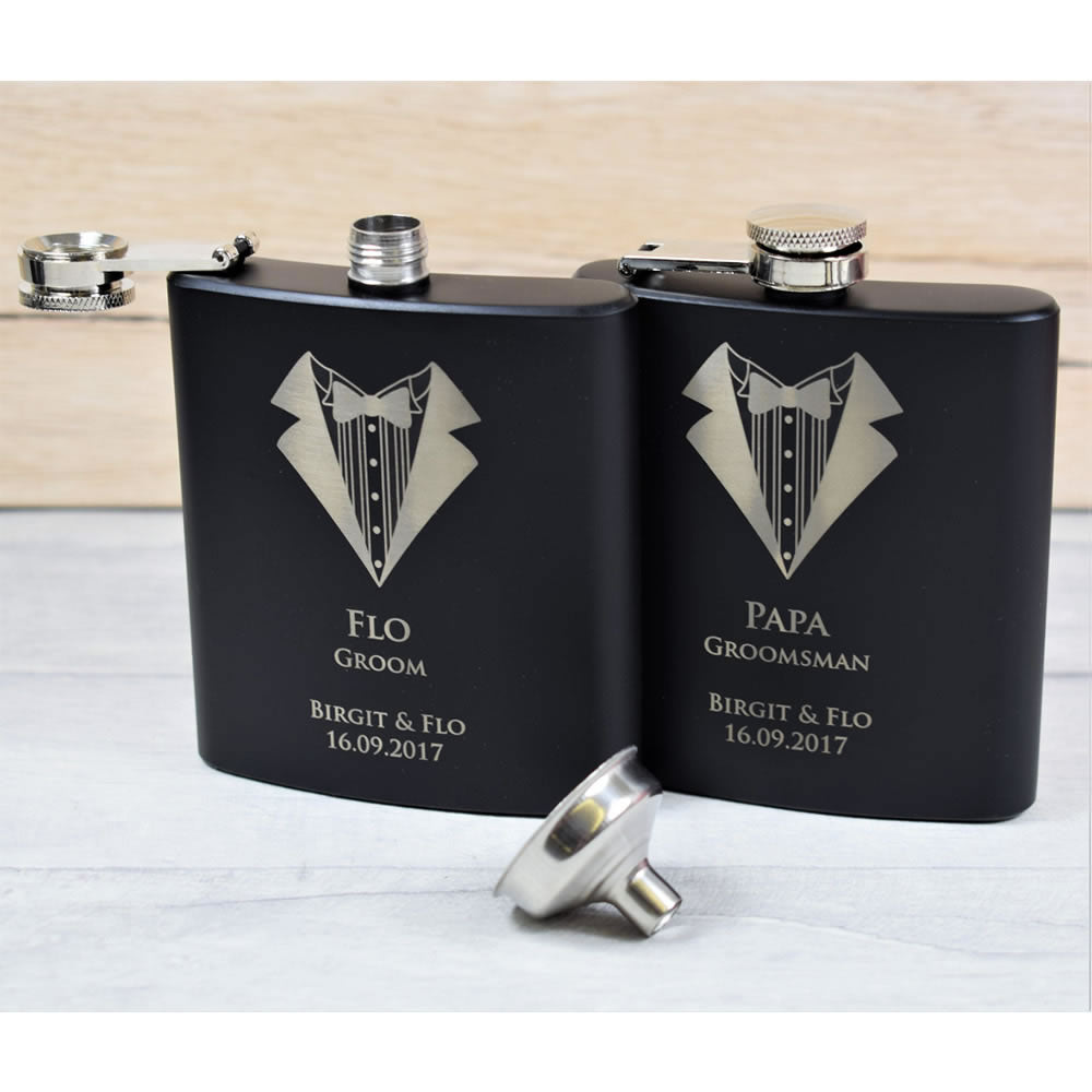 Personalised Black Wedding Hip Flask Gift Set - Tuxedo